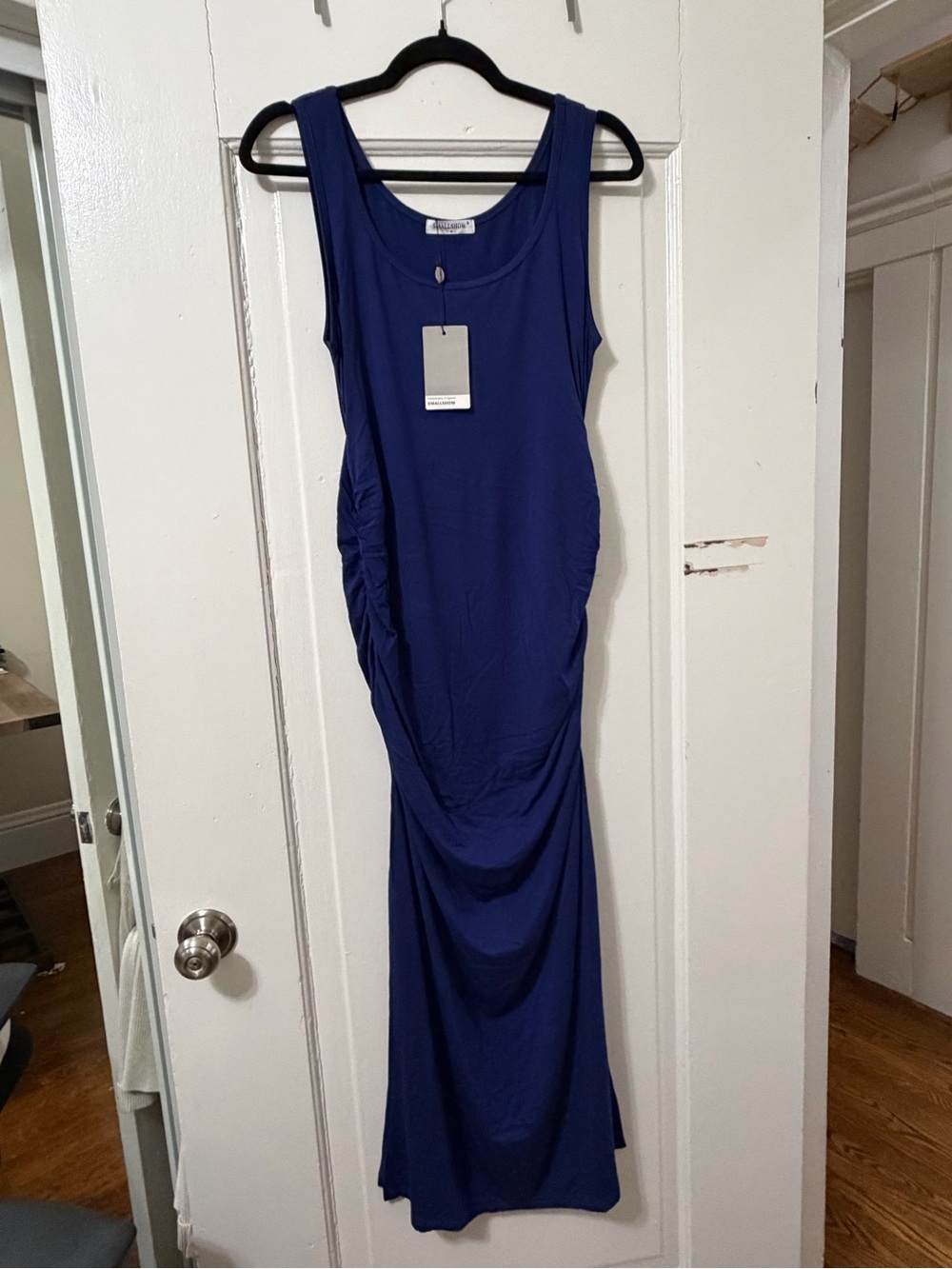Maternity Scoop Neck Ruched Maxi Dress in Deep Blue NWT